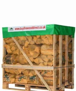 Forty kiln-dried birch firewood log nets, each individually packed for easy handling and portability.
