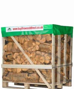 Forty kiln-dried mixed firewood log nets, each individually packed for easy handling and portability.