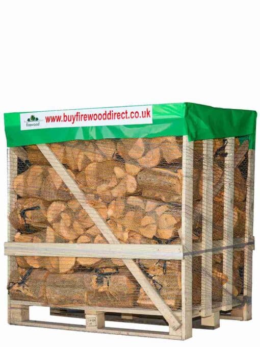Forty kiln-dried mixed firewood log nets, each individually packed for easy handling and portability.