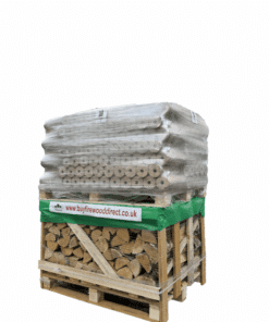 A selection of 48 packs of heat logs paired with 0.8 meters of premium birch wood for clean-burning warmth.