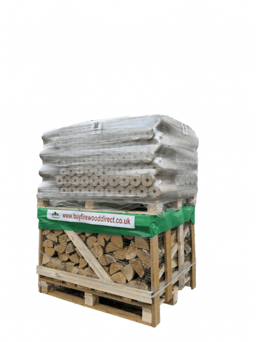 A selection of 48 packs of heat logs paired with 0.8 meters of premium birch wood for clean-burning warmth.