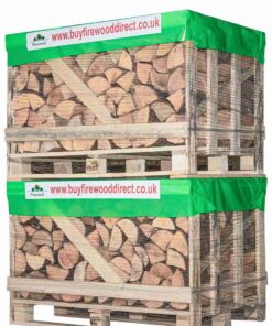 Double stack of kiln dried firewood logs for convenient storage and heating.