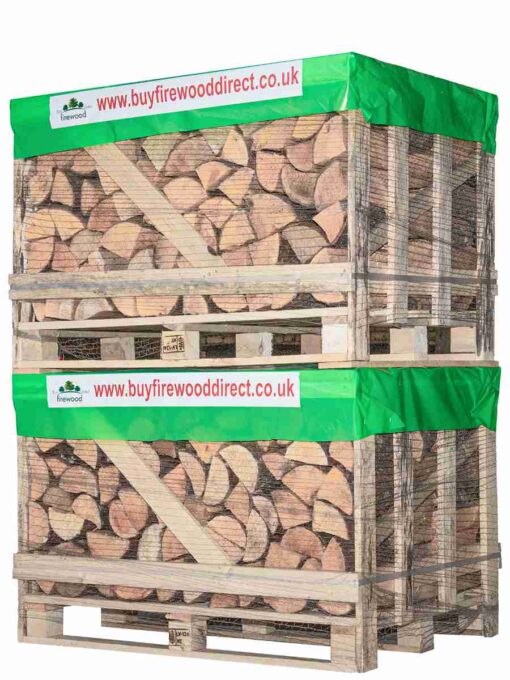 Double stack of kiln dried firewood logs for convenient storage and heating.