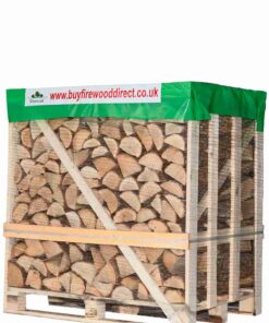 Kiln dried oak firewood logs neatly stacked in a flexi crate, ready for use.