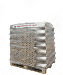 A stack of Heat Logs Hardwood Briquettes, 96 packs totaling 960kg, neatly packaged for efficient heating solutions.