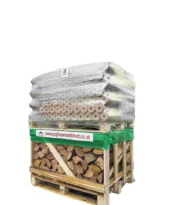 A neatly stacked crate of 48 packs of heat logs measuring 0.8 meters, ideal for efficient and long-lasting burning