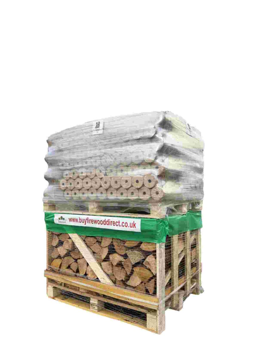 A neatly stacked crate of 48 packs of heat logs measuring 0.8 meters, ideal for efficient and long-lasting burning