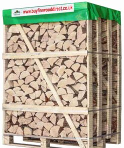 Kiln-dried birch firewood logs in a large crate, offering a larger supply for long-lasting warmth.